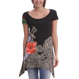 Desigual Women’s Tunic Sz Small Black Floral Paisley Asymmetrical Boho Shirt